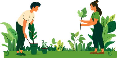 Ağaç Bayramı yaratıcı afiş tasarımı. Çevre için doğaya küçük bir ağaç diken iki kişinin resmi