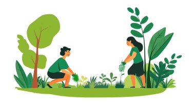 Vektör çizgi film Ağaç Bayramı yaratıcı afiş tasarımı. Çevre için doğaya küçük bir ağaç diken iki kişinin resmi