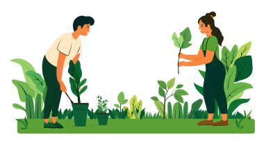 Vektör çizgi film Ağaç Bayramı yaratıcı afiş tasarımı. Çevre için doğaya küçük bir ağaç diken iki kişinin resmi