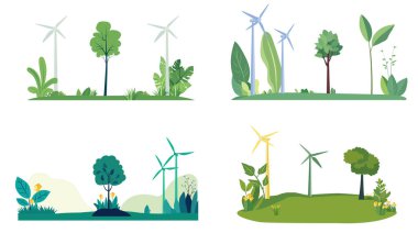 Eco-friendly environment vector illustration set with wind turbines, trees, and plants on a white background. Green energy concept clipart