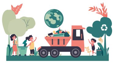 Atık ayıklama işine girmiş çocukların vektör çizimi, arka planda yeşil bir kamyon ve yeşil ağaçlar, beyaz arka planda çocuk kitapları için uygun şirin çizgi film karakterleri,.