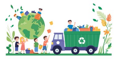 Atık ayıklama işine girmiş çocukların vektör çizimi, arka planda yeşil bir kamyon ve yeşil ağaçlar, beyaz arka planda çocuk kitapları için uygun şirin çizgi film karakterleri,.