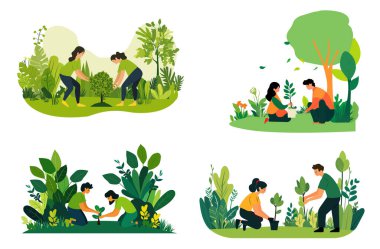 Düz vektör çizimlerinde ağaç, yeşil çimen ve yapraklar eken insanlar, beyaz bir arka planda izole edilmiş bir bahçe ya da park konsepti tasarımında çalışan insanlar.