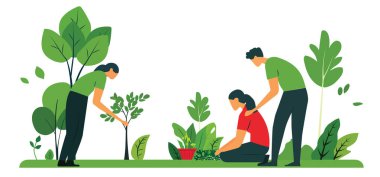 İnsanlar ağaç dikiyor, yeşil çimen dikiyor ve düz vektör illüstrasyonunda yapraklar dikiyorlar, beyaz arka planda izole edilmiş bir bahçede ya da park konsepti tasarımında çalışıyorlar.