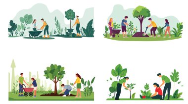 İnsanları ağaç dikmeye, yeşil çimlere ve düz vektör çizimlerinde yapraklara, bahçelerde ya da park konsepti tasarımında çalışanlara, beyaz arka planda izole edilmiş