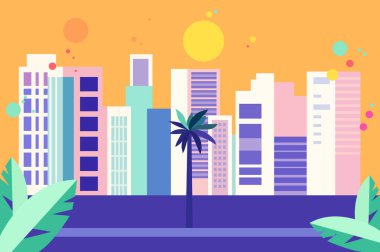 Renkli binalar, palmiye ağaçları ve güneşli parlak turuncu bir gökyüzü olan canlı bir şehir.