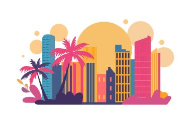 Renkli binalar, palmiye ağaçları ve güneşli parlak turuncu bir gökyüzü olan canlı bir şehir.