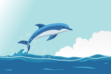 Okyanus dalgalarından atlayan bir yunus, parlak bir gökyüzünün altında, mutlu ve özgür bir deniz yaşamı.