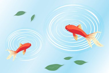 İki kırmızı akvaryum balığı, açık mavi arka planda dalgalanmalar ve yüzen yapraklarla bir gölde yüzüyor.