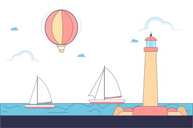 Yelkenliler, parlak gökyüzünde yüzen sıcak hava balonuyla deniz fenerinin yanından süzülüyordu.