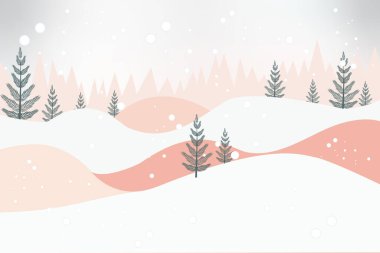  Kış manzarası, karla kaplı tepeler, yemyeşil ağaçlar ve sakin bir kışta yağan kar.