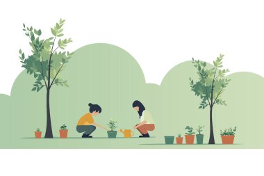 Bir kız kardeş ve bir kız kardeş evdeki huzurlu bir bahçede saksı bitkisine bakıyorlar.