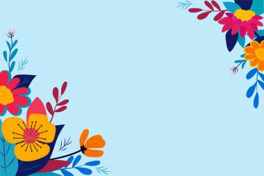 Sarı, turuncu ve yeşil yapraklı kırmızı tonlarda çiçek baharı, açık mavi bir arka grubun köşelerini süslüyor.