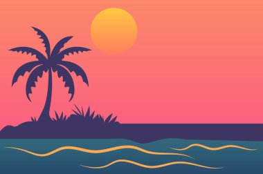 Hindistan cevizi ağaçlarının gölgeleri. Gün batımında. Deniz kenarında huzurlu bir atmosfer.