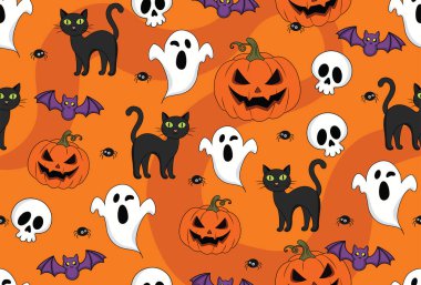 Kabakların, hayaletlerin, kedilerin, yarasaların, kafataslarının ve turuncu arkaplandaki örümceklerin olduğu cadılar bayramının kusursuz deseni.