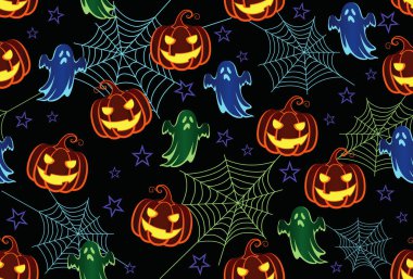 Balkabakları, hayaletler, örümcek ağları ve siyah arkaplandaki yıldızlarla kusursuz desenli taşıyıcı neon cadılar bayramı