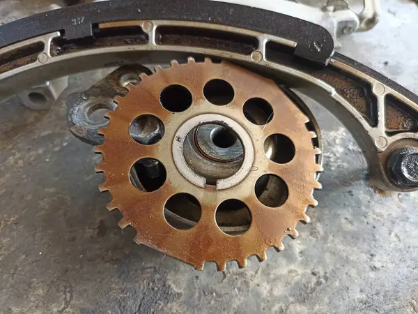 stock image Car timing set chain gear. Part of a car engine being repaired