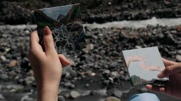 Male Female Hand Holding Card Mountains Background Mountains — Stock Video