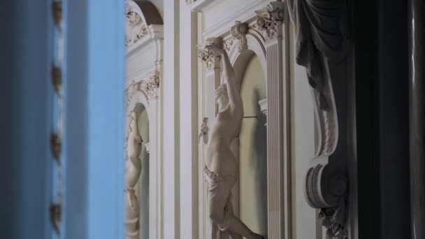 Skulpturer Och Byster Dekorera Byggnaden Antiken — Stockvideo