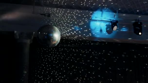 Disco Ball Rotates Close Mirror Ball Spinning Making Club Lasers — Stock Video