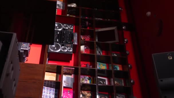 Huge Old Cassette Recorder Stands Shelf Decor — Stock Video