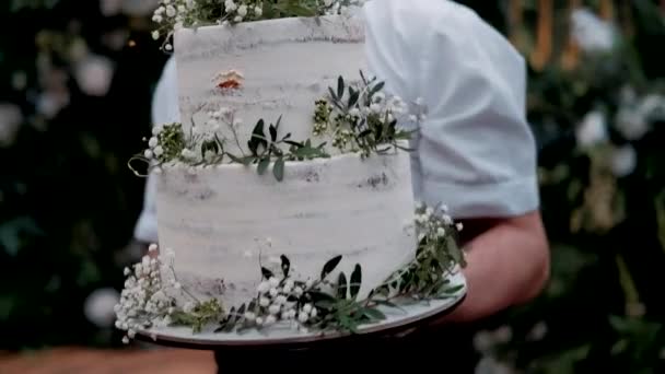 Novomanželé Krájejí Vícevrstvý Svatební Dort — Stock video
