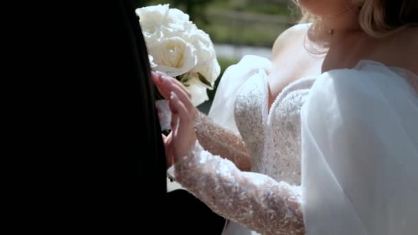 Bride Adjusts Her Husband Jacket — Stock Video