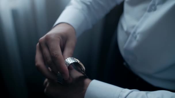 Businessman Getting Dressed Putting Watch Close Hands — Stock Video