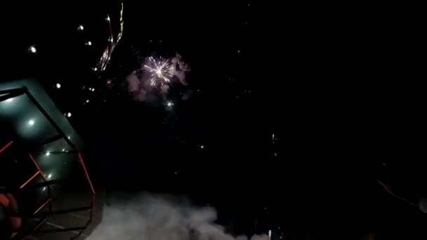 Pyrotechnisches Feuerwerk Explodiert Nachts Himmel — Stockvideo