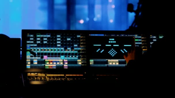 Lighting Specialist Works Monitor Control Panel Decorations Festival — Stock Video