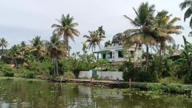 Alleppey Hindistan yüzen evi kanallar ve pirinç tarlaları arasında yol alıyor.