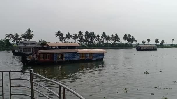 Perahu Rumah Tangga Alleppey India Berlayar Antara Kanal Dan Sawah — Stok Video