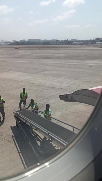 Zaměstnanci Přijíždějí Vyložit Kufry Letadla — Stock video