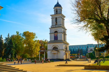 Kishinev, Republic of Moldova - 18 September 2022: View of the Cathedral of Christ Nativity at The Great National Assembly Square. Main cathedral of the Moldovan Orthodox Church.