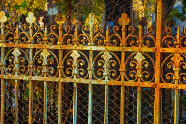 Paslı, süslü, işlenmiş demir bir çit. Madalyalı demir elementlerden yapılmış eski bir demir çitin ayrıntıları.