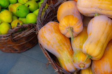Şükran Günü ve Sonbahar dekorasyon konsepti. Sonbahar yaprakları ve balkabağından yapılmış. Çeşitli kabak çeşitleri 