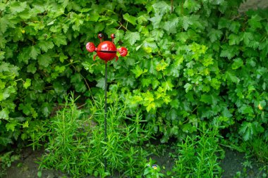 Bahçedeki çalılıklardaki yengeç heykelciği.