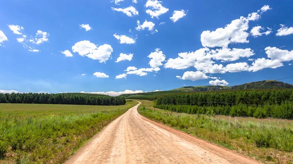 農村部の山の農地を介して農村部の未舗装道路を駆動夏の真夏の青空の雲風光明媚な美しい風景 — ストック写真