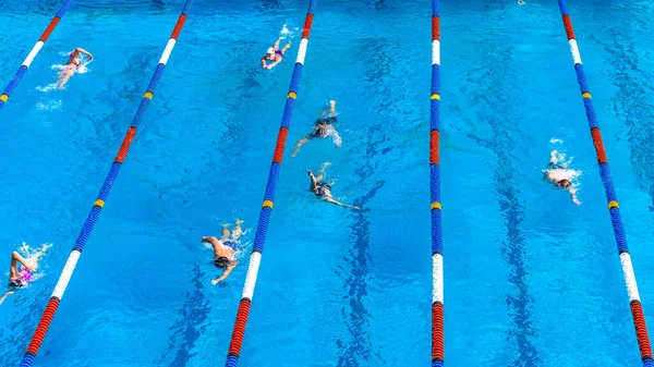 Swimmers Athletes Unrecognizable Male Female Training Exercise Lane Markers Overhead — Stock Photo, Image