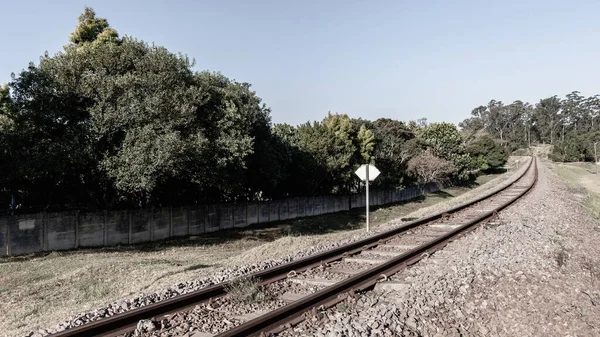 Train Railway Line Closeup Photo Detail Steel Track Ties Sleepers — Stock fotografie