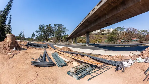 stock image Construction Industrial Road Highways Steel raw materials on site for expansion of ramp flyover projects landscape.