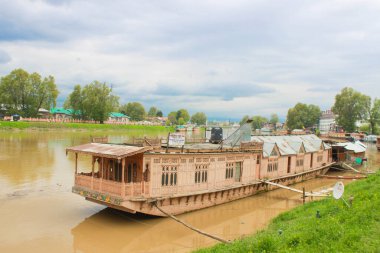 Srinagar, Kashmir 'deki Dal Gölü' nün çarpıcı manzarası, geleneksel shikaralar ve kayıkhanelerle süslenmiş dingin suları sergiliyor, yemyeşil ve görkemli Himalaya dağlarıyla çevrili..