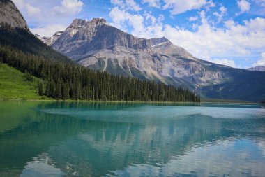 Yoho Ulusal Parkı 'ndaki huzurlu Zümrüt Gölü turkuaz suları, dağ yansımaları ve gür dağlık ormanlarıyla.