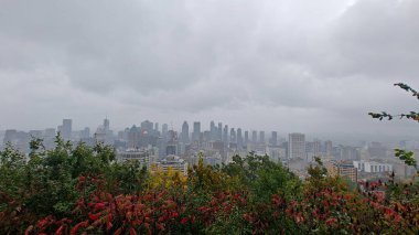 Montreal şehrine bakan renkli ağaçlarla sonbaharda Royal Dağı.