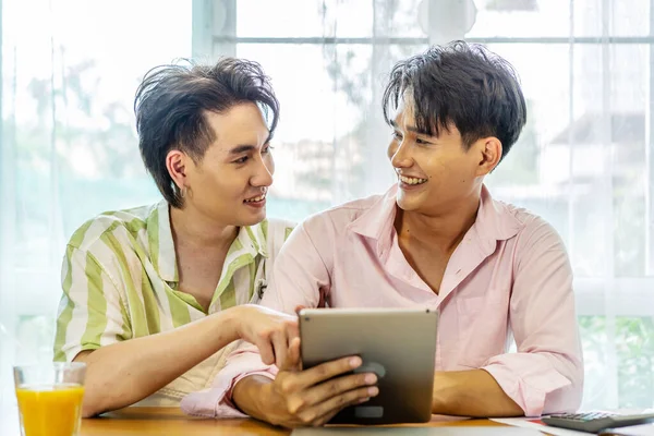 Attractive Male Lgbtq Collegues Working Together Using Digital Tablet Paper — Stock Photo, Image
