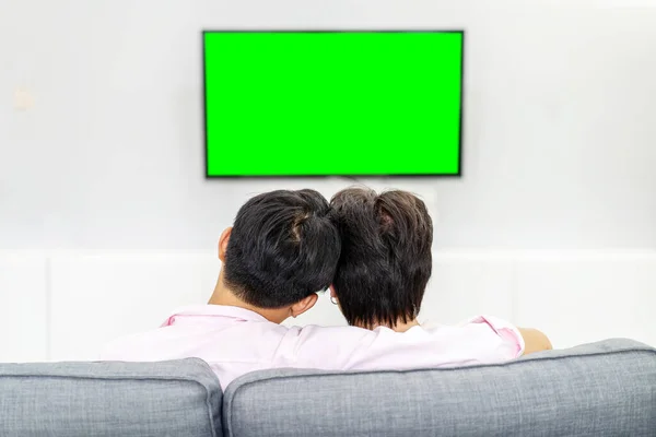 stock image Back view of young two friends or gay couple relaxing on a couch watching movie on a TV in the living room at home, LGBTQ and diversity