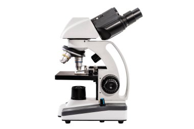 Laboratuvar araştırmaları için mikroskop, beyaz arka planda izole edilmiş, biyoloji ve kimya için büyütme öğesi, tıbbi araştırma. Odaklanmak için siyah ve beyaz bir alet. Makro lens