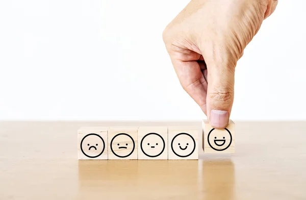 Hand Businessman Choose Smiley Face Icon Wood Block Cube Best — Stock fotografie