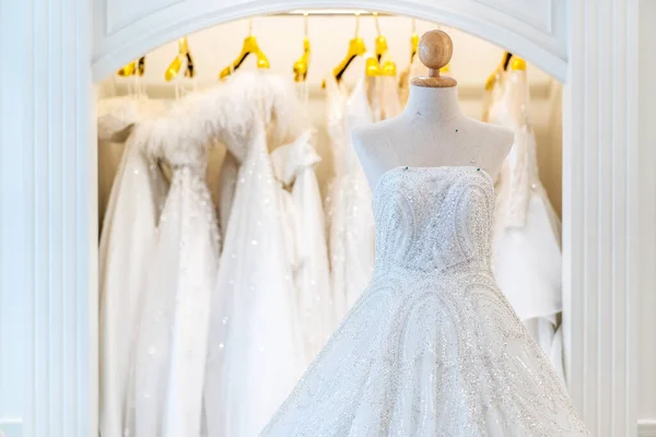 Beautiful Wedding Dresses Bridal Dress Hanging Hangers Mannequin Studio Fashion Royalty Free Stock Images