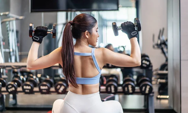 Weights Training Young Asian Woman Lifting Weights Equipment Background Sportswear — Stock Photo, Image